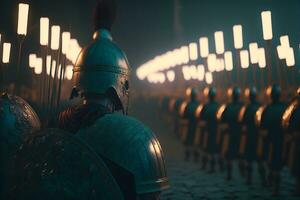 une romain légion a été une grand militaire unité de le romain armée en train de préparer pour bataille à nuit. neural réseau généré art photo