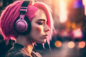 portrait de Jeune fille avec rose cheveux écoute la musique avec écouteurs sur ville rue. neural réseau généré art photo