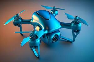 réaliste quadricoptère drone avec hélice Ventilateurs sur embrasé bleu Contexte. neural réseau généré art photo
