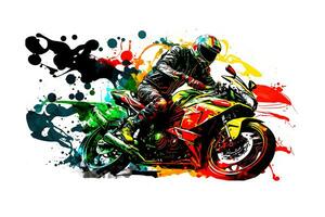 autocollant de motard sur sport moto dans aquarelle style sur blanc Contexte. neural réseau généré art photo