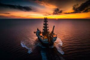 aérien vue offshore forage plate-forme jack en haut à le offshore emplacement pendant le coucher du soleil. neural réseau généré art photo