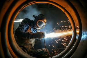 soudeur travaux avec industriel automobile partie dans métal usine. neural réseau généré art photo