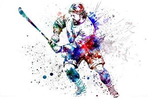 sportif en jouant le hockey sur aquarelle arc en ciel éclaboussure. neural réseau généré art photo