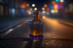 parfum bouteille contre le toile de fond de nuit ville lumières. neural réseau généré art photo