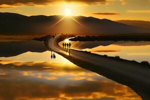 une groupe de gens en marchant dans le le coucher du soleil. magnifique paysage. neural réseau généré art photo