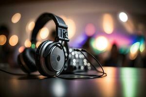 moderne gros professionnel écouteurs sur DJ table à nuit faire la fête. neural réseau ai généré photo