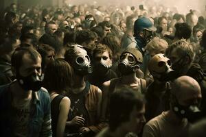 foule de gens dans uniforme et gaz masque. concept de radiation et virus, environnement pollution. neural réseau ai généré photo