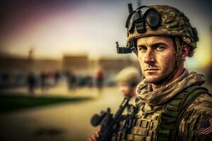 fier armée soldat portrait. neural réseau ai généré photo