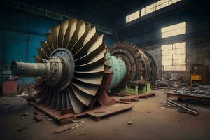 ouvriers assemblage et construire gaz turbines dans une moderne industriel usine. neural réseau ai généré photo