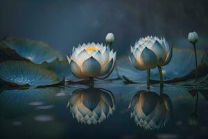 blanc lotus fleurs de lys dans Lac l'eau. Naturel magnifique fleurs fleur dans forêt faune. neural réseau ai généré photo