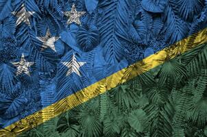 Salomon îles drapeau représenté sur beaucoup feuilles de monstera paume des arbres. branché à la mode toile de fond photo
