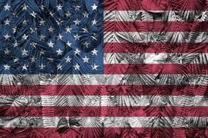 uni États de Amérique drapeau représenté sur beaucoup feuilles de monstera paume des arbres. branché à la mode toile de fond photo