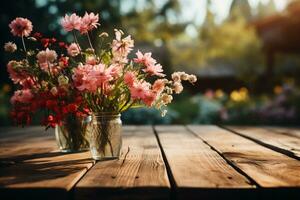 une en bois table avec printemps fleurs et vert herbe. ai génératif photo