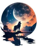 Loup contre le Contexte de le lune sur le rive de le Lac graphique photo