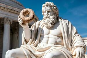 marbre ancien homme grec statue mange Donut dans le moderne ville photo