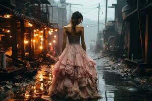 une femme dans une foncé Fée kei mode mariage robe patauger dans une fatigué industriel complexe dans le pluie à crépuscule. de mauvaise humeur atmosphère. ai génératif photo