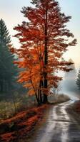 brumeux Matin avec des arbres en changeant couleurs. photo