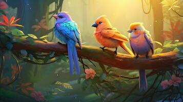 magnifique Trois des oiseaux rester sur le forêt généré par ai photo