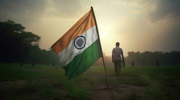 Indien drapeau embarqué dans le sol et une Masculin silhouette. 3d le rendu, génératif ai photo