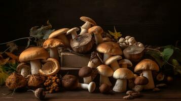 variété de non cuit sauvage forêt champignons Jaune bolet, bouleau champignons, russules plus de foncé texturé Contexte. rustique style, Naturel journée lumière. Haut voir, nourriture arrière-plan, génératif ai photo