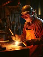 une qualifié ouvrier, portant sécurité des lunettes de protection et protecteur gants, est avec diligence en fonctionnement dans une bien éclairé forger atelier. le industriel environnement est rempli, génératif ai photo