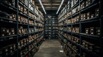 Lignes de étagères avec des biens des boites dans moderne industrie entrepôt boutique à usine entrepôt stockage, génératif ai photo