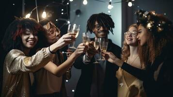 Noël fête temps. Jeune gens grillage avec Champagne flûtes. Multi-éthnique copains féliciter chaque autre avec Nouveau an. fête et vie nocturne concept, vacances, génératif ai photo