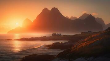 route par le mer dans lever du soleil temps, lofoten île, génératif ai photo