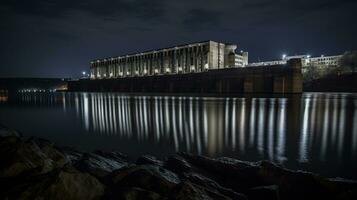 magnifique nuit de le hydro-électrique Puissance plante sur le rivière, crépuscule, longue exposition, génératif ai photo