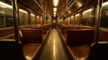 une métro voiture avec en bois bancs, ai génératif photo