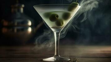 une martini verre est rempli avec clair Vodka et liquide azote, avec petit vert olive dans verre, une doux blanc brouillard est ralentir écoulement en dehors de le martini verre dans le air, génératif ai photo