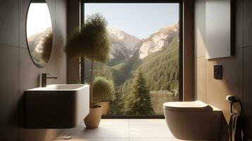 une mur monté intelligent placard outil dans salle de bains, dans le style de biologique la nature - inspiré formes, réaliste le rendu, montagneux vues, traditionnel. génératif ai photo