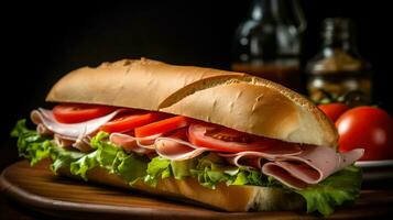 épicerie tranché jambon sur grillé français baguette avec fondu Provolone, iceberg laitue, et 4 tranches de roma tomates, classique italien aliments. génératif ai photo