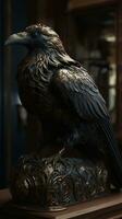 magnifique corbeau statue avec d'or filigrane, épique, génératif ai photo