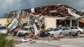 ouragan détruit industriel bâtiment avec endommagé voitures en dessous de ruines. génératif ai photo