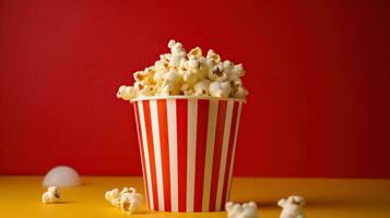 rouge et blanc pop corn délice dans une seau de croquant bonté. génératif ai photo