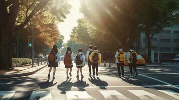 élèves avec école Sacs et école uniformes traversée le route sur le façon à école, le rue est doublé avec des arbres et le Soleil est brillant. génératif ai photo