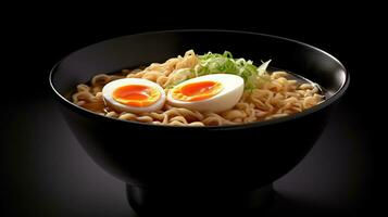 ramens. Japonais ramen nouille soupe dans noir bol. génératif ai photo