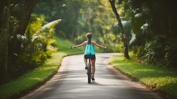 femme ressentir gratuit cyclisme sur tropical parc Piste dans été, génératif ai photo