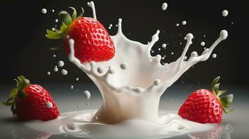 des fraises chute dans lait, Haut voir, éclaboussures de lait, professionnel nourriture photo. génératif ai photo