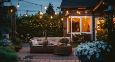 trempage dans le splendeur de une de banlieue Maisons patio sur une été soir. génératif ai photo