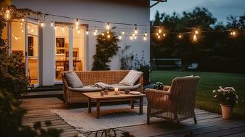 crépuscule tranquillité, été soirées sur le terrasse de une magnifique de banlieue loger, orné avec osier meubles et délicat lumières. génératif ai photo