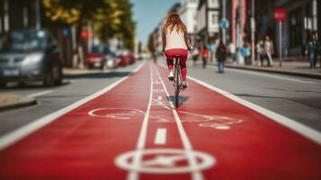 une femme profiter le rouge bicyclette voie, guidé par le vélo panneaux sur le rue. génératif ai photo