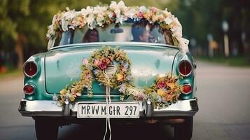 mariage couple dans voiture décoré et canettes en plein air, génératif ai photo