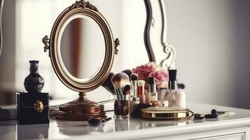 ensemble de produits de beauté et ancien miroir sur blanc table contre lumière Contexte. génératif ai photo