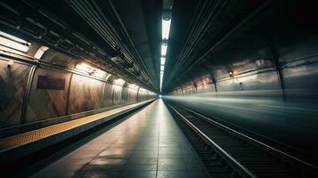 métro tunnel avec flou lumière des pistes avec en arrivant train dans le contraire direction, génératif ai photo