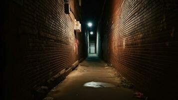 effrayant vide foncé ruelle avec brique des murs. génératif ai photo