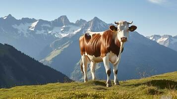 serein beauté, une vache pâturage dans le alpin prairies, entouré par enneigé montagnes. génératif ai photo