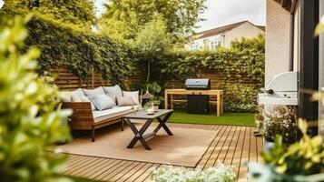 une confortable arrière-cour battre en retraite avec une en bois tableau, doux canapé, et gril, niché au milieu de une luxuriant vert jardin, génératif ai photo