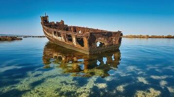 ruines de vieux Naufrage sur mer peu profond avec des trous dans conseil, en dessous de ciel. génératif ai photo